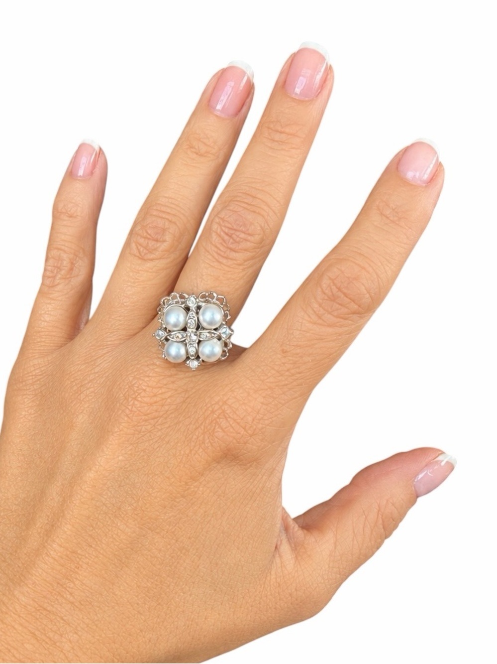 Vintage Sarah Coventry 6.5 Silver Faux Pearl Cluster Cocktail Ring
